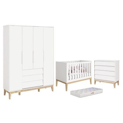 Dormitório Completo Infantil Noah Classic 4 Portas, Cômoda 4 Gavetas, Berço Branco Fosco com Pés Madeira Natural e Colchão - Reller Móveis