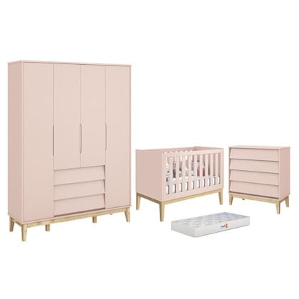 Dormitório Completo Infantil Noah Classic 4 Portas, Cômoda 4 Gavetas, Berço Rosa Fosco com Pés Madeira Natural e Colchão - Reller Móveis