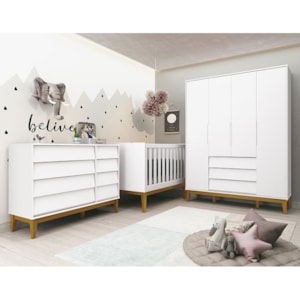 Dormitório Completo Infantil Noah Classic 4 Portas, Cômoda, Berço Branco Fosco com Pés Amadeirado e Colchão - Reller Móveis