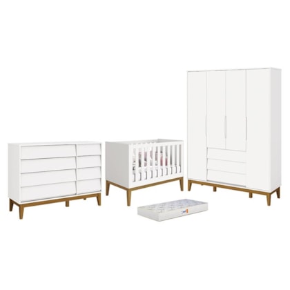 Dormitório Completo Infantil Noah Classic 4 Portas, Cômoda, Berço Branco Fosco com Pés Amadeirado e Colchão - Reller Móveis