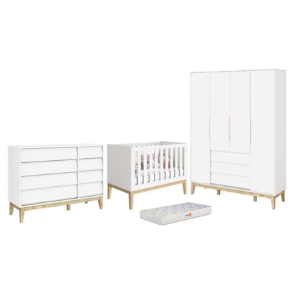 Dormitório Completo Infantil Noah Classic 4 Portas, Cômoda, Berço Branco Fosco com Pés Madeira Natural e Colchão - Reller Móveis