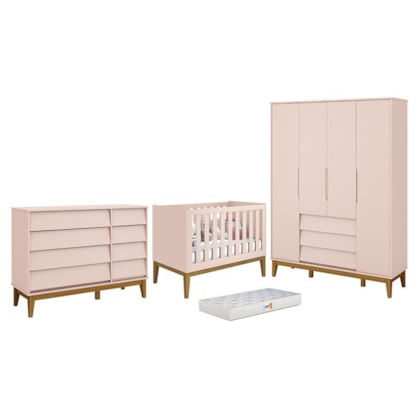 Dormitório Completo Infantil Noah Classic 4 Portas, Cômoda, Berço Rosa Fosco com Pés Amadeirado e Colchão - Reller Móveis