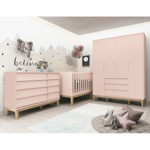 Dormitório Completo Infantil Noah Classic 4 Portas, Cômoda, Berço Rosa Fosco com Pés Madeira Natural e Colchão - Reller Móveis