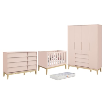 Dormitório Completo Infantil Noah Classic 4 Portas, Cômoda, Berço Rosa Fosco com Pés Madeira Natural e Colchão - Reller Móveis