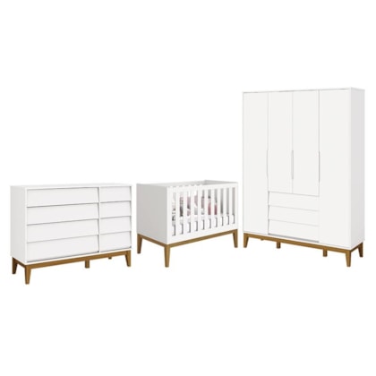 Dormitório Completo Infantil Noah Classic 4 Portas, Cômoda e Berço Branco Fosco com Pés Amadeirado - Reller Móveis