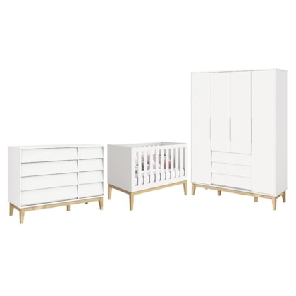 Dormitório Completo Infantil Noah Classic 4 Portas, Cômoda e Berço Branco Fosco com Pés Madeira Natural - Reller Móveis