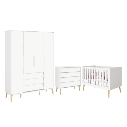 Dormitório Completo Infantil Noah Retrô 4 Portas, Cômoda 4 Gavetas e Berço Branco Fosco com Pés Madeira Natural - Reller Móveis 