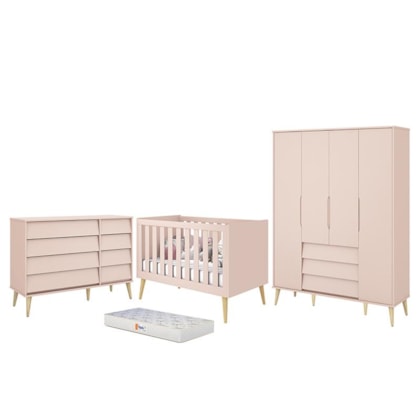 Dormitório Completo Infantil Noah Retrô 4 Portas, Cômoda, Berço Rosa Fosco com Pés Madeira Natural e Colchão - Reller Móveis 