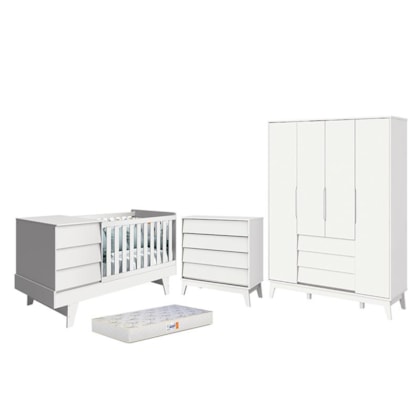 Dormitório Completo Infantil Prince 4 Portas, Cômoda 4 Gavetas, Berço Branco Fosco e Colchão D18 - Reller Móveis