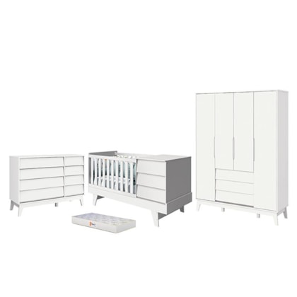 Dormitório Completo Infantil Prince 4 Portas, Cômoda com Porta, Berço Branco Fosco e Colchão D18 - Reller Móveis