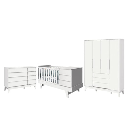 Dormitório Completo Infantil Prince 4 Portas, Cômoda com Porta e Berço Branco Fosco - Reller Móveis