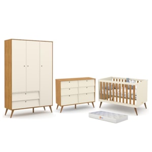 Dormitório Completo Infantil Retrô Gold 3 Portas, Cômoda 6 Gavetas, Berço Off White/Freijó/Eco Wood e Colchão - Matic Móveis 