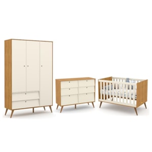 Dormitório Completo Infantil Retrô Gold 3 Portas, Cômoda 6 Gavetas e Berço Freijó/Off White/Eco Wood - Matic Móveis 