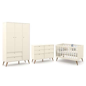 Dormitório Completo Infantil Retrô Gold 3 Portas, Cômoda 6 Gavetas e Berço Off White/Eco Wood - Matic Móveis 