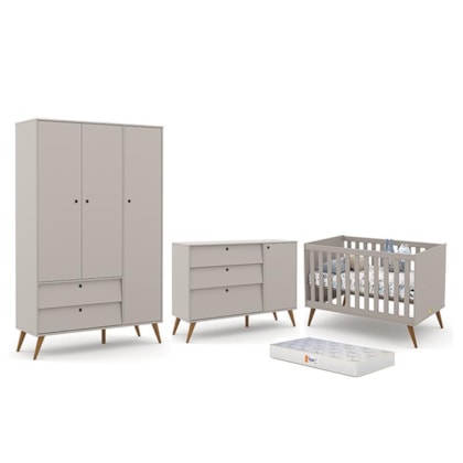 Dormitório Completo Infantil Retrô Gold 3 Portas, Cômoda com Porta, Berço e Colchão D18 Cinza/Eco Wood - Matic Móveis 