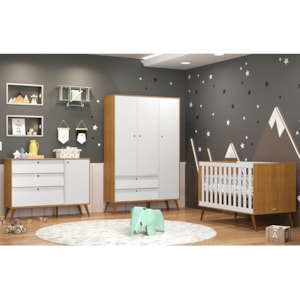 Dormitório Completo Infantil Retrô Gold 3 Portas, Cômoda com Porta, Berço e Colchão D18 Freijó/Branco Soft/Eco Wood - Matic Móveis 