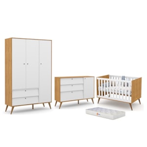 Dormitório Completo Infantil Retrô Gold 3 Portas, Cômoda com Porta, Berço e Colchão D18 Freijó/Branco Soft/Eco Wood - Matic Móveis 