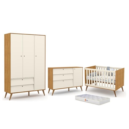 Dormitório Completo Infantil Retrô Gold 3 Portas, Cômoda com Porta, Berço e Colchão D18 Freijó/Off White/Eco Wood - Matic Móveis 