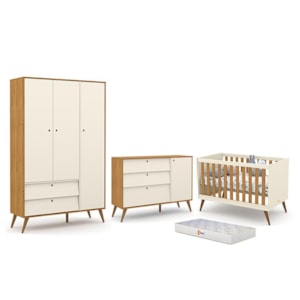 Dormitório Completo Infantil Retrô Gold 3 Portas, Cômoda com Porta, Berço e Colchão D18 Off White/Freijó/Eco Wood - Matic Móveis 