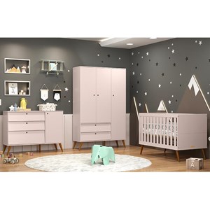 Dormitório Completo Infantil Retrô Gold 3 Portas, Cômoda com Porta, Berço e Colchão D18 Rosê/Eco Wood - Matic Móveis 