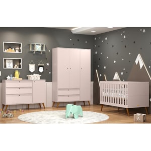 Dormitório Completo Infantil Retrô Gold 3 Portas, Cômoda com Porta, Berço e Colchão D18 Rosê/Eco Wood - Matic Móveis 