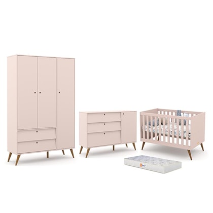 Dormitório Completo Infantil Retrô Gold 3 Portas, Cômoda com Porta, Berço e Colchão D18 Rosê/Eco Wood - Matic Móveis 