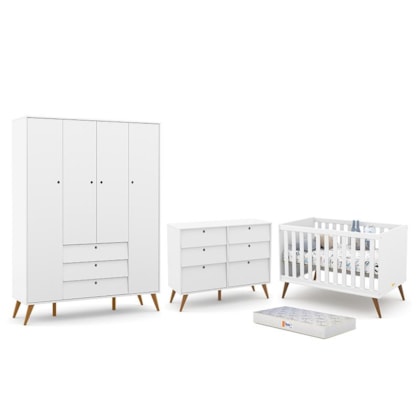 Dormitório Completo Infantil Retrô Gold 4 Portas, Cômoda 6 Gavetas, Berço Branco Soft/Eco Wood e Colchão - Matic Móveis 