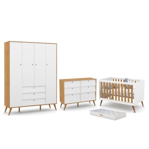 Dormitório Completo Infantil Retrô Gold 4 Portas, Cômoda 6 Gavetas, Berço Branco Soft/Freijó/Eco Wood e Colchão - Matic Móveis 