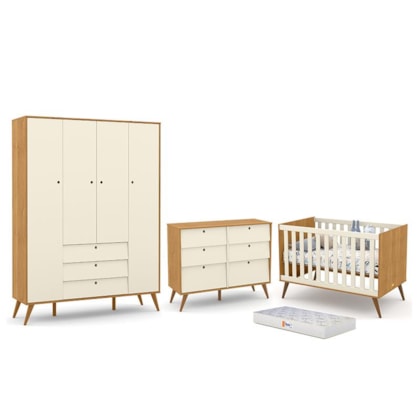 Dormitório Completo Infantil Retrô Gold 4 Portas, Cômoda 6 Gavetas, Berço Freijó/Off White/Eco Wood e Colchão - Matic Móveis 