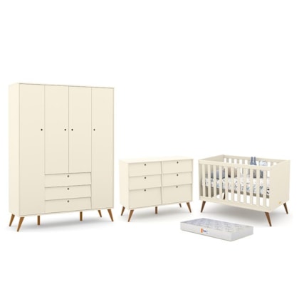 Dormitório Completo Infantil Retrô Gold 4 Portas, Cômoda 6 Gavetas, Berço Off White/Eco Wood e Colchão - Matic Móveis 