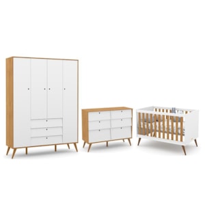 Dormitório Completo Infantil Retrô Gold 4 Portas, Cômoda 6 Gavetas e Berço Branco Soft/Freijó/Eco Wood - Matic Móveis 