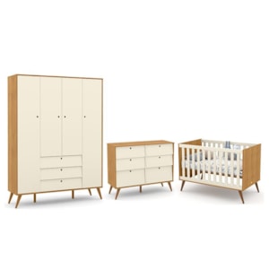 Dormitório Completo Infantil Retrô Gold 4 Portas, Cômoda 6 Gavetas e Berço Freijó/Off White/Eco Wood - Matic Móveis 