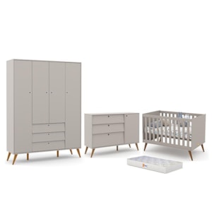 Dormitório Completo Infantil Retrô Gold 4 Portas, Cômoda com Porta, Berço e Colchão D18 Cinza/Eco Wood - Matic Móveis