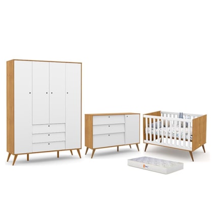 Dormitório Completo Infantil Retrô Gold 4 Portas, Cômoda com Porta, Berço e Colchão D18 Freijó/Branco Soft/Eco Wood - Matic Móveis