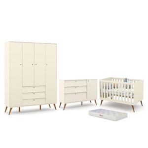 Dormitório Completo Infantil Retrô Gold 4 Portas, Cômoda com Porta, Berço e Colchão D18 Off White/Eco Wood - Matic Móveis