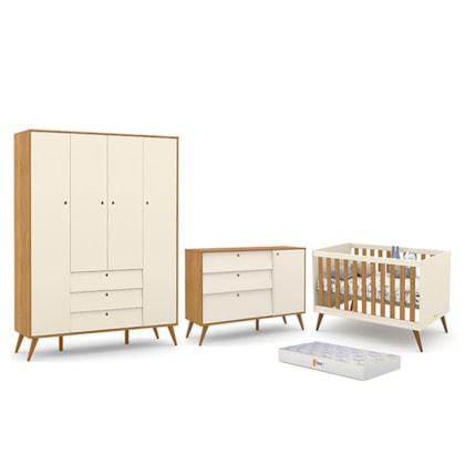 Dormitório Completo Infantil Retrô Gold 4 Portas, Cômoda com Porta, Berço e Colchão D18 Off White/Freijó/Eco Wood - Matic Móveis