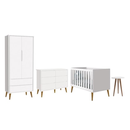 Dormitório Completo Infantil Theo 2 Portas, Cômoda 6 Gavetas, Berço e Mesa de Canto Branco Fosco com Pés Amadeirado - Reller Móveis