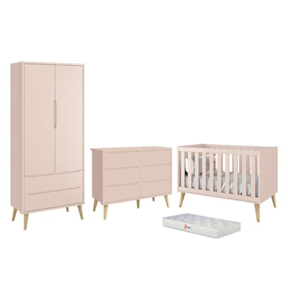 Dormitório Completo Infantil Theo 2 Portas, Cômoda 6 Gavetas, Berço Rosa Fosco com Pés Madeira Natural e Colchão D18 - Reller Móveis