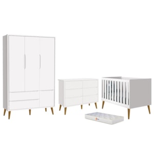 Dormitório Completo Infantil Theo 3 Portas, Cômoda 6 Gavetas, Berço Branco Fosco com Pés Amadeirado e Colchão D18 - Reller Móveis