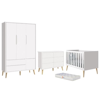 Dormitório Completo Infantil Theo 3 Portas, Cômoda 6 Gavetas, Berço Branco Fosco com Pés Madeira Natural e Colchão D18 - Reller Móveis 