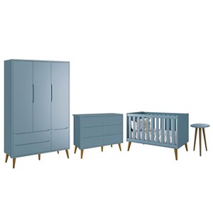 Dormitório Completo Infantil Theo 3 Portas, Cômoda 6 Gavetas, Berço e Mesa de Canto Azul Fosco com Pés Amadeirado - Reller Móveis