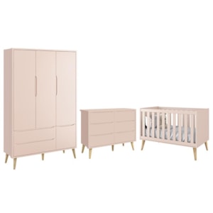 Dormitório Completo Infantil Theo 3 Portas, Cômoda 6 Gavetas e Berço Rosa Fosco com Pés Madeira Natural - Reller Móveis