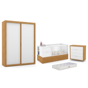 Dormitório Completo Infantil Tutto New 2 Portas de Correr, Cômoda 4 Gavetas, Berço Formare e Colchão D18 Branco Soft/Freijó - Matic Móveis