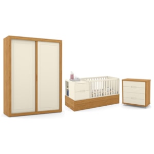 Dormitório Completo Infantil Tutto New 2 Portas de Correr, Cômoda 4 Gavetas, Berço Formare Off White/Freijó e Colchões D18 e D33 - Matic Móveis