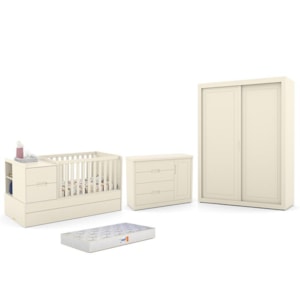 Dormitório Completo Infantil Tutto New 2 Portas de Correr, Cômoda, Berço Multifuncional Formare e Colchão D18 Off White - Matic Móveis