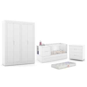 Dormitório Completo Infantil Tutto New 4 Portas, Cômoda 4 Gavetas, Berço Multifuncional Formare e Colchão D18 Branco Soft - Matic Móveis