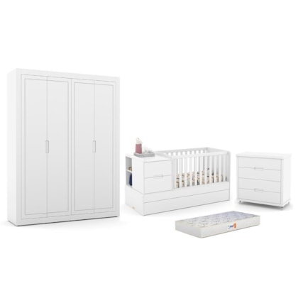 Dormitório Completo Infantil Tutto New 4 Portas, Cômoda 4 Gavetas, Berço Multifuncional Formare e Colchão D18 Branco Soft - Matic Móveis