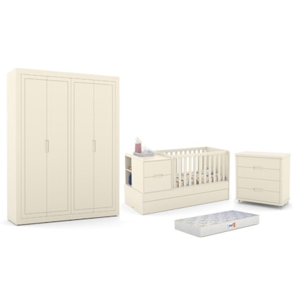 Dormitório Completo Infantil Tutto New 4 Portas, Cômoda 4 Gavetas, Berço Multifuncional Formare e Colchão D18 Off White - Matic Móveis