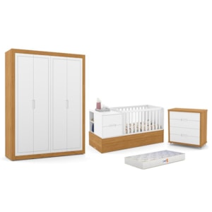 Dormitório Completo Infantil Tutto New 4 Portas, Cômoda 4 Gavetas, Berço Multifuncional Formare e Colchão D18 Branco Soft/Freijó - Matic Móveis