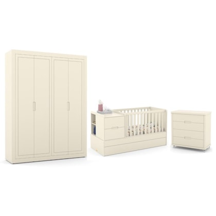 Dormitório Completo Infantil Tutto New 4 Portas, Cômoda 4 Gavetas, Berço Multifuncional Formare Off White e Colchões D18 e D33 - Matic Móveis